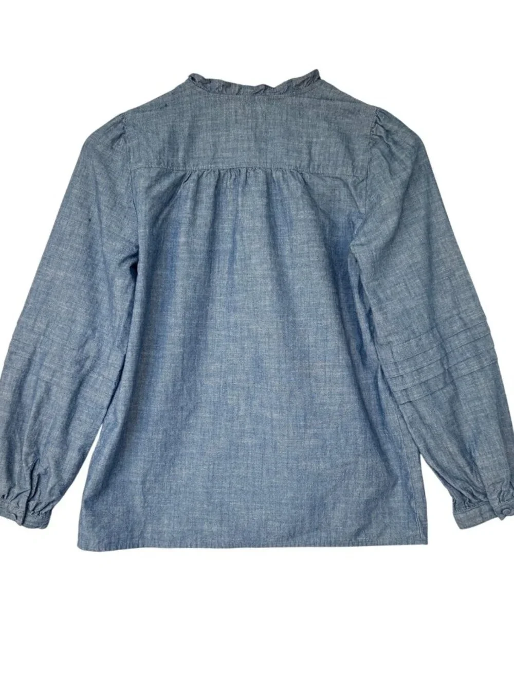 J.Crew Popover Chambray Ruffle Neck Peasant Top Womens XXS Long Sleeve Cotton - Picture 3 of 16